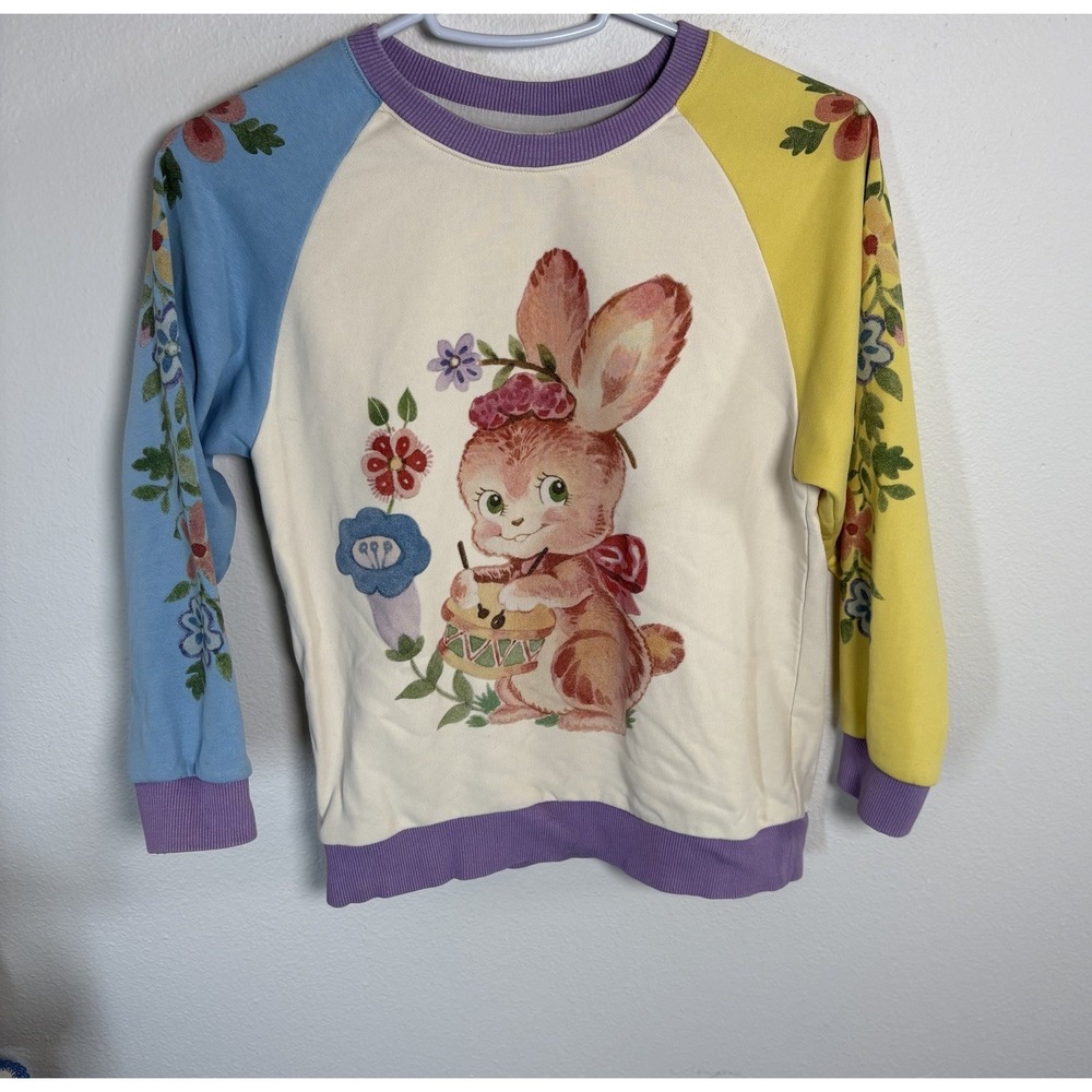 Nian Yi Youth ~Medium** 140/68 Bunny Floral Crew Neck Sweatshirt Colored Sleeve
